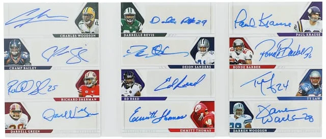 2024 Panini National Treasures Multi-Signed Card (12 Signatures) - Featuring Deion Sanders, Ed Reed, Charles Woodson Treasure Chest Signatures #TCS-DBS card image