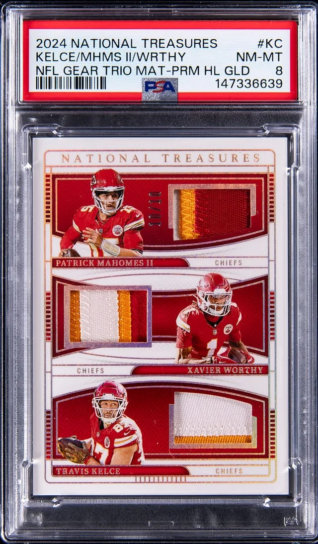 2024 Panini National Treasures Patrick Mahomes II/Xavier Worthy/Travis Kelce NFL Gear Trio Materials Prime Holo Gold #NGT-KC card image