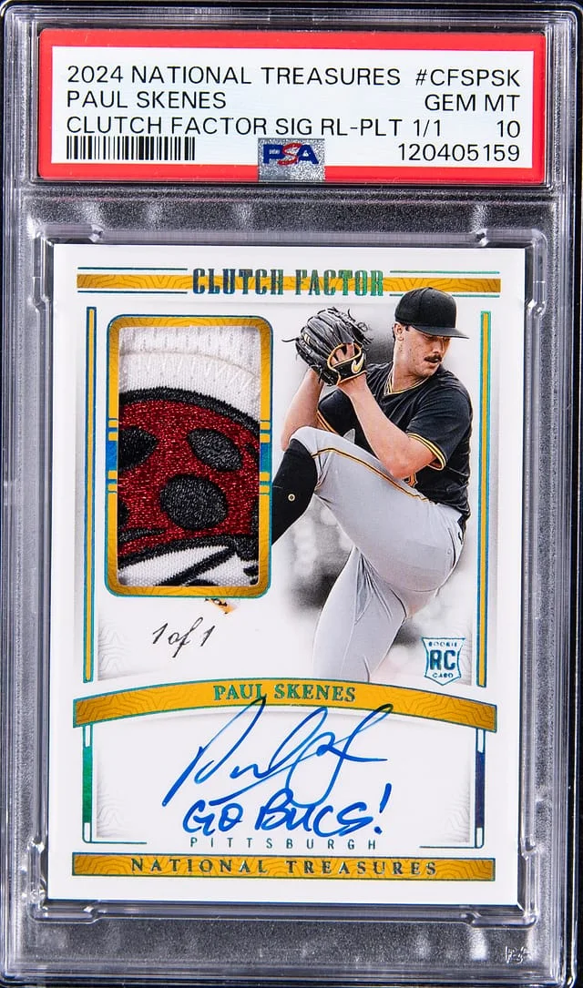 2024 Panini National Treasures Paul Skenes Clutch Factor Signature Relics Platinum #CFS-PSK card image