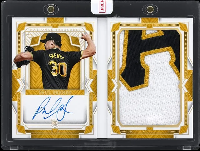 2024 Panini National Treasures Paul Skenes Prospect Signature Jumbo Material Booklet Holo Gold #JMB-PS card image