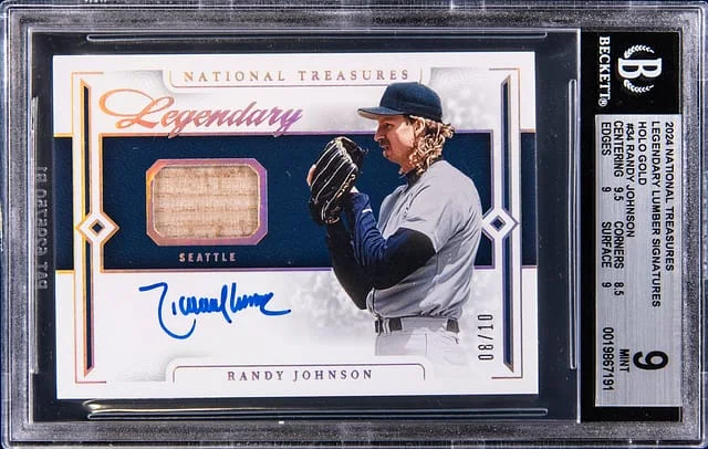 2024 Panini National Treasures Randy Johnson Legendary Lumber Signatures Holo Gold #34 card image