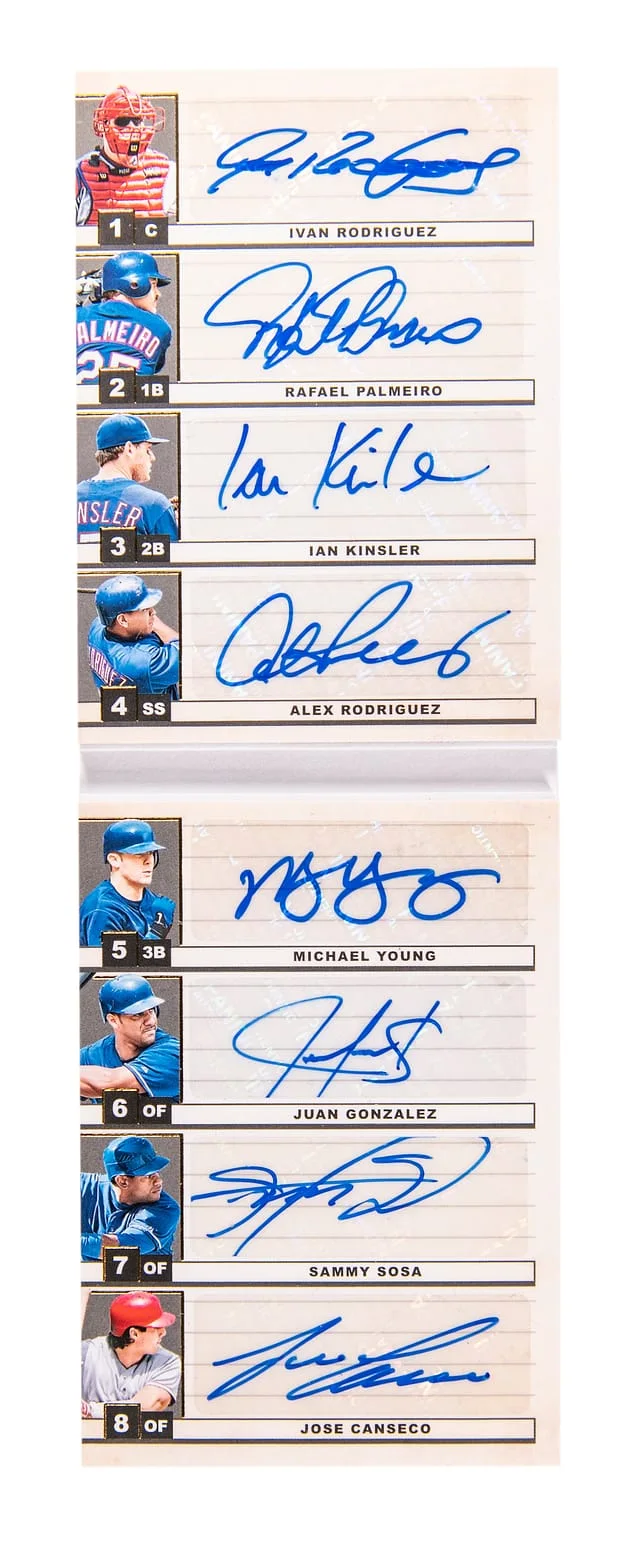 2024 Panini National Treasures Rodriguez/Palmeiro/Kinsler/Rodriguez/Young/Gonzalez/Sosa/Conseco Multi-Signed Booklet Legacy Lineups Holo Gold #LIN-TEX card image