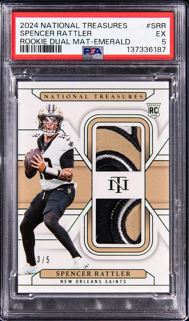 2024 Panini National Treasures Spencer Rattler Dual Material Emerald #RDM-SRR card image