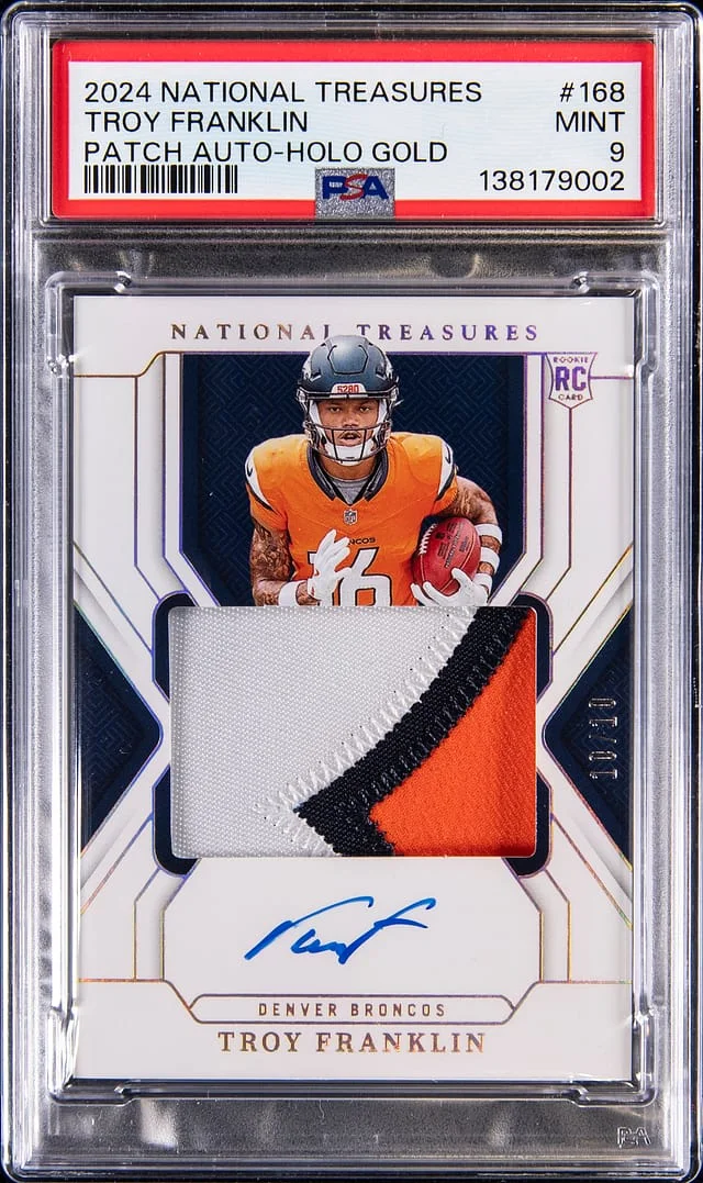 2024 Panini National Treasures Troy Franklin Patch Autograph (RPA) Holo Gold #168 card image