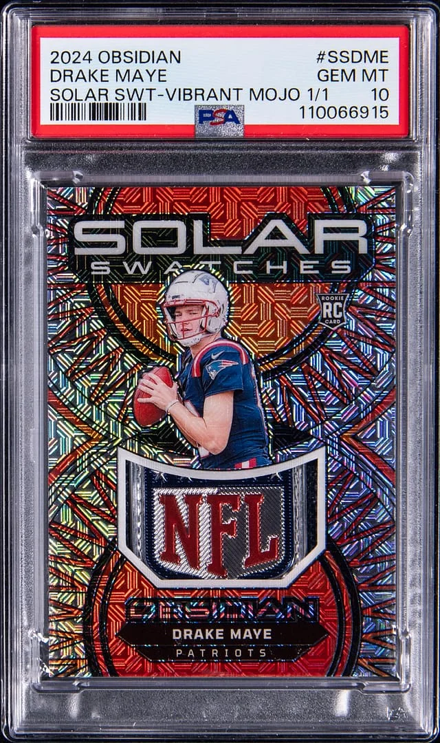 2024 Panini Obsidian Drake Maye NFL Shield Solar Swatches Vibrant Mojo #SS-DME card image