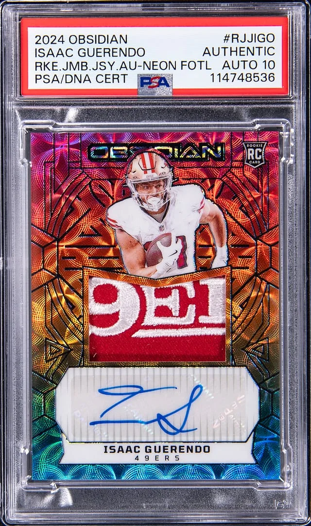 2024 Panini Obsidian Isaac Guerendo Jumbo Jersey Autograph Neon FOTL #RJJ-IGO card image