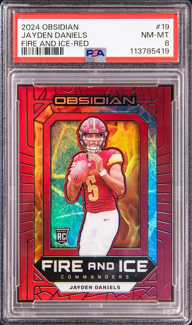2024 Panini Obsidian Jayden Daniels Fire and Ice Purple #19 card image