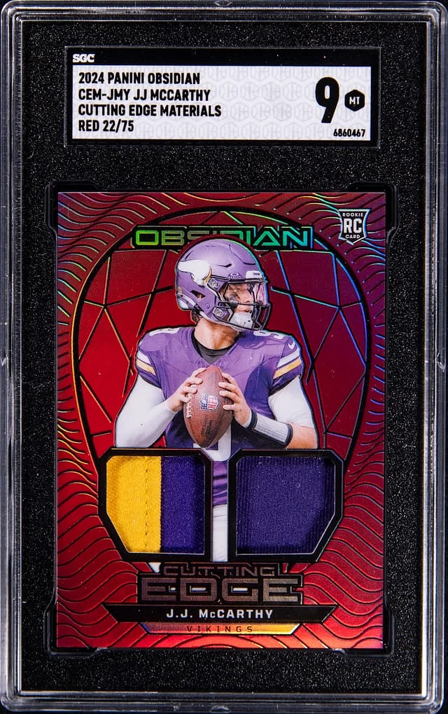 2024 Panini Obsidian JJ McCarthy Cutting Edge Materials-Red #CEM-JMY card image