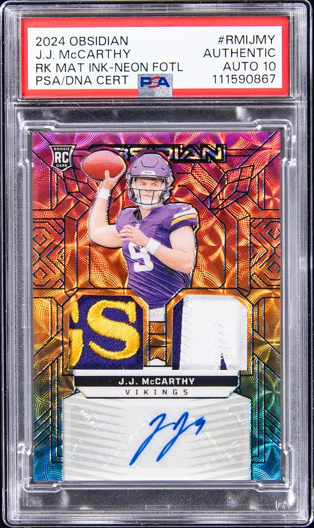 2024 Panini Obsidian J.J. McCarthy Materials Ink Neon FOTL #RMI-JMY card image