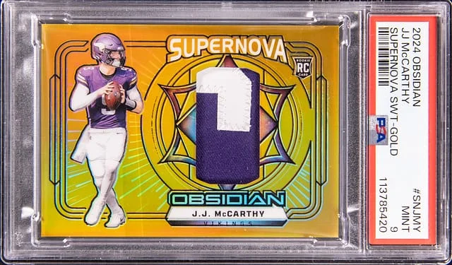 2024 Panini Obsidian J.J. McCarthy Supernova Swatch Gold #SN-JMY card image