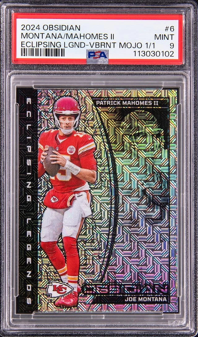 2024 Panini Obsidian Joe Montana/Patrick Mahomes II Eclipsing Legends Vibrant Mojo #6 card image