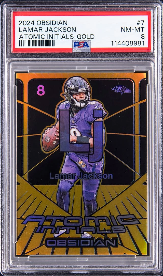 2024 Panini Obsidian Lamar Jackson Atomic Initials Gold #7 card image