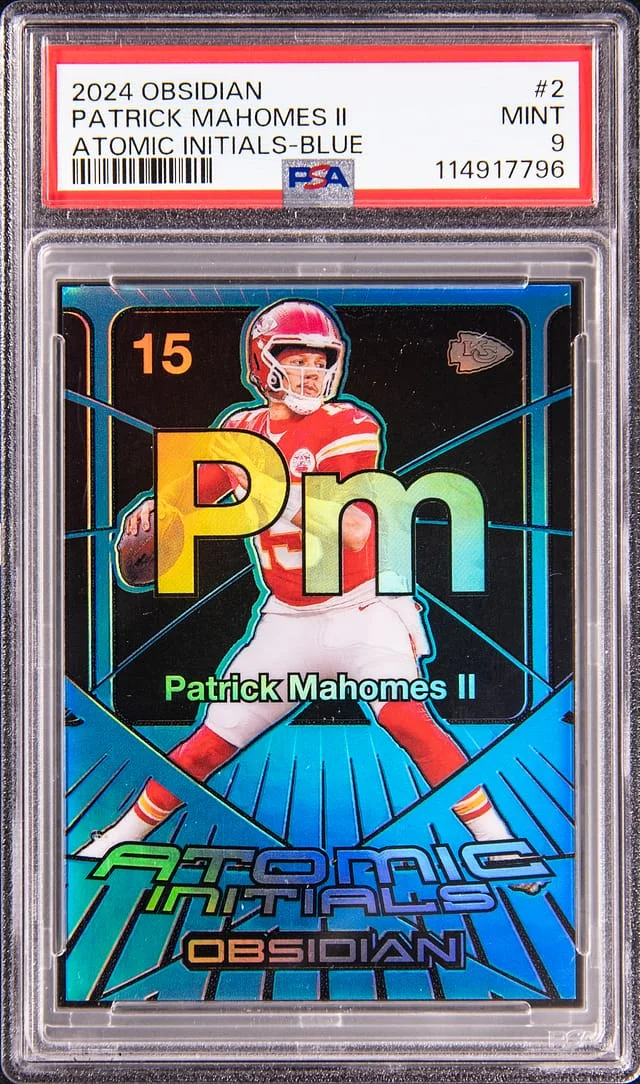 2024 Panini Obsidian Patrick Mahomes II Atomic Initials Blue #2 card image