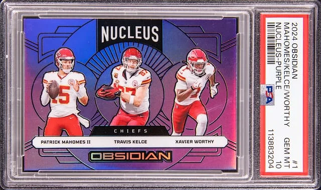 2024 Panini Obsidian Patrick Mahomes II/Travis Kelce/Xavier Worthy Nucleus Purple #1 card image