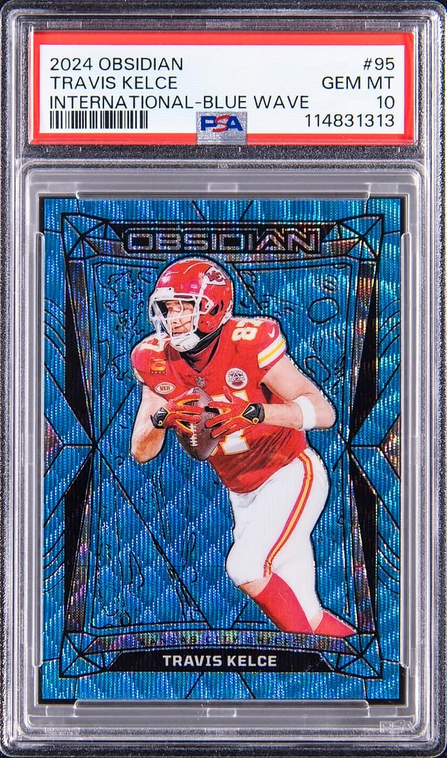 2024 Panini Obsidian Travis Kelce International Blue Wave #95 card image