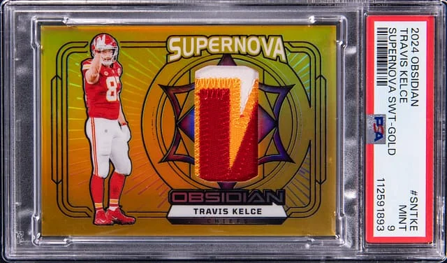 2024 Panini Obsidian Travis Kelce Supernova Swatch Gold #SN-TKE card image