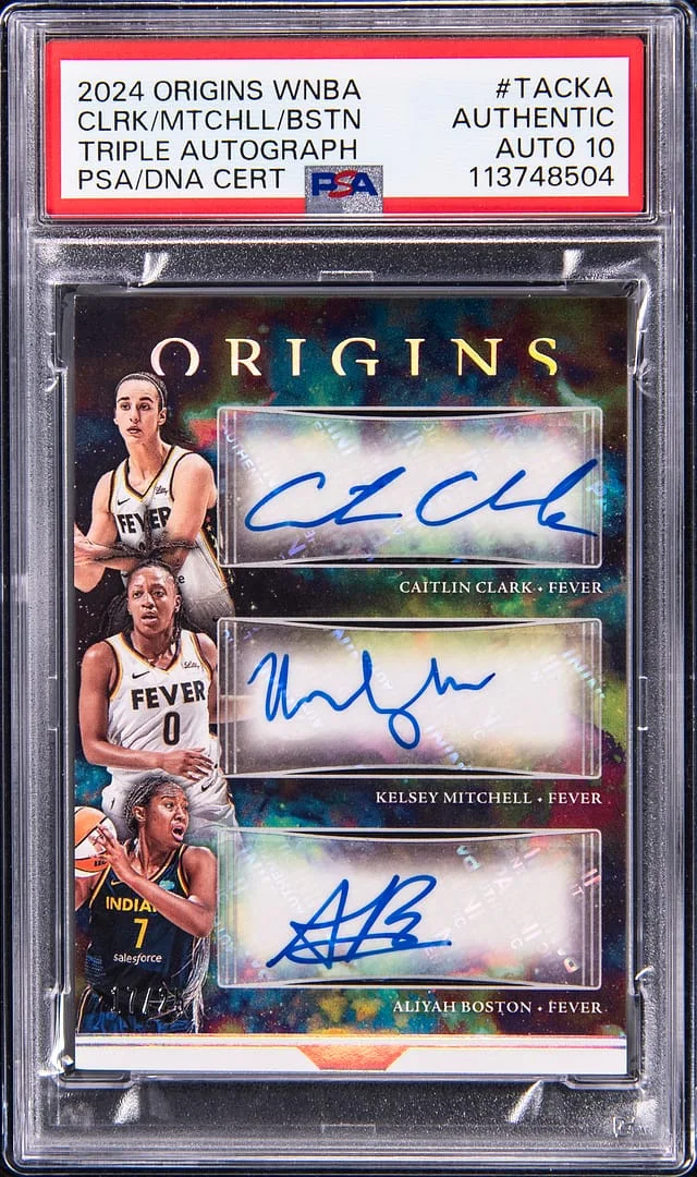 2024 Panini Origins Caitlin Clark/Kelsey Mitchell/Aliyah Boston Multi-Signed WNBA Triple Autograph #TACKA card image