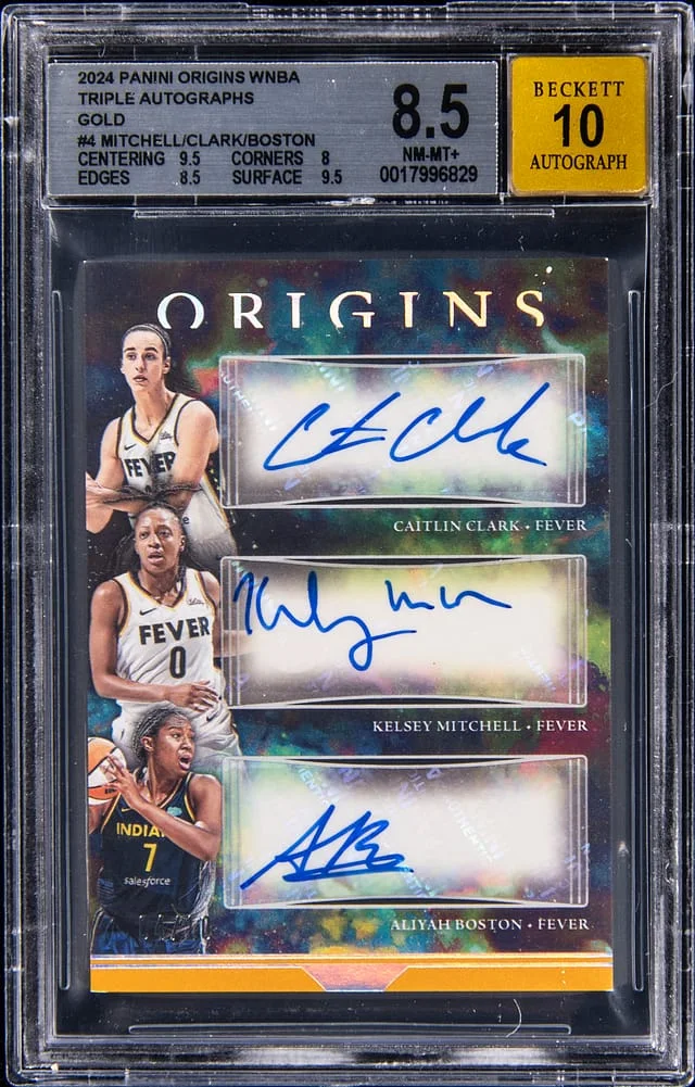 2024 Panini Origins Kelsey Mitchell, Caitlin Clark, Aliyah Boston Multi-Signed WNBA Triple Autographs-Gold #4 card image