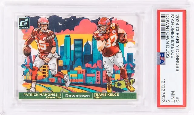 2024 Panini Patrick Mahomes II, Travis Kelce Clearly Donruss Downtown Duos #3 card image