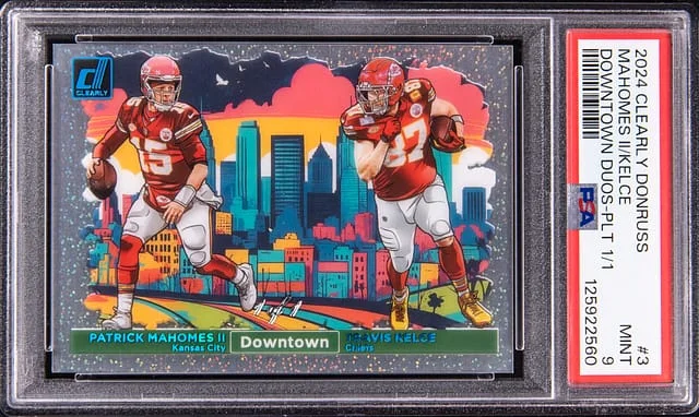 2024 Panini Patrick Mahomes II/Travis Kelce Clearly Donruss Downtown Duos #3 card image