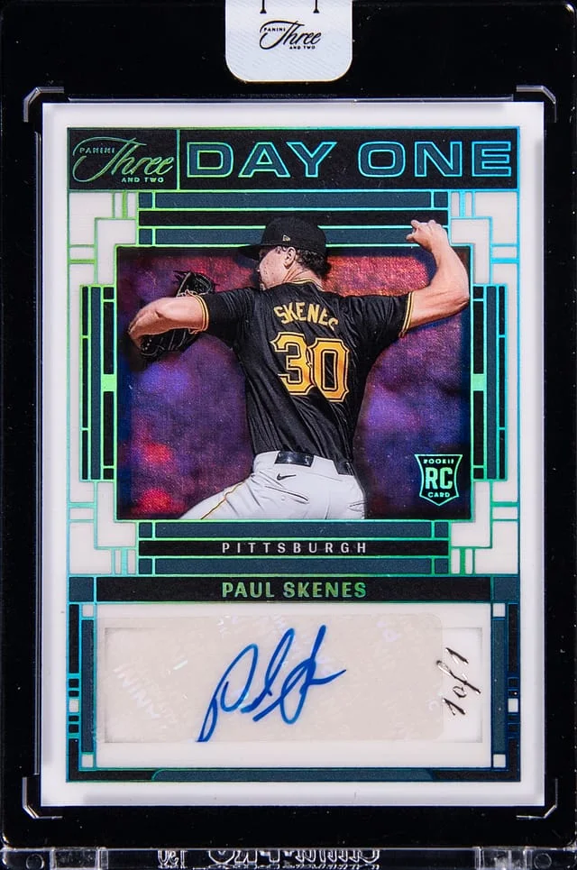 2024 Panini Paul Skenes Three And Two Day One Autograph Holo Platinum Blue #DOA-PS card image