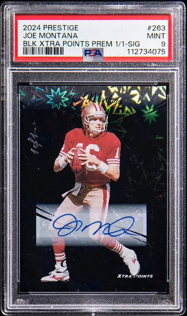 2024 Panini Prestige Joe Montana Black Xtra Points Premier Signature #263 card image