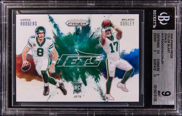 2024 Panini Prizm Aaron Rodgers/Malachi Corley Color Blast Duals #10 card image