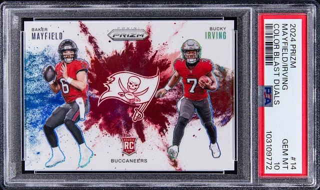 2024 Panini Prizm Baker Mayfield, Bucky Irving Color Blast Duals #14 card image