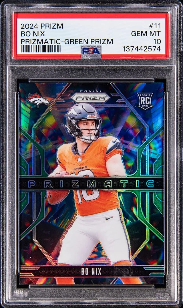 2024 Panini Prizm Bo Nix Prizmatic Green Prizm #11 card image