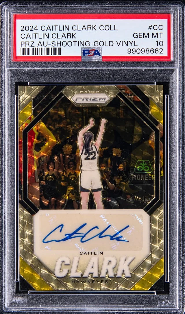 2024 Panini Prizm Caitlin Clark, Shooting Caitlin Clark Collection Autographs Gold Vinyl Prizm #CC card image
