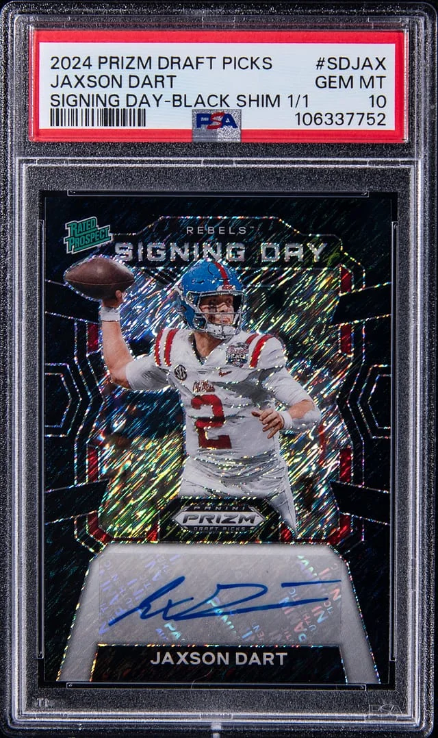 2024 Panini Prizm Draft Picks Jaxson Dart Signing Day Black Shimmer Prizm #SD-JAX card image