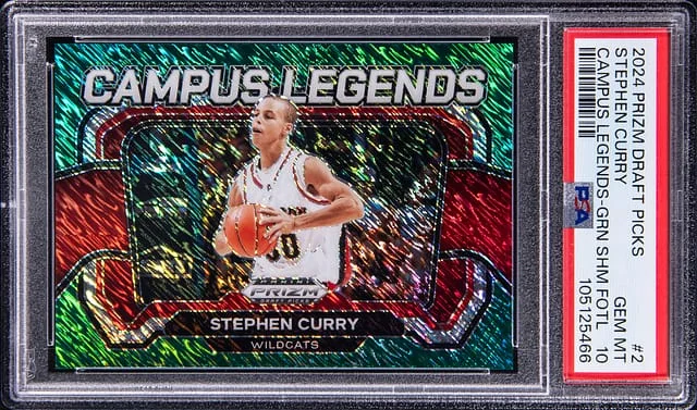 2024 Panini Prizm Draft Picks Stephen Curry Campus Legends Green Shimmer Prizm 1st Off the Line (FOTL) #2 card image