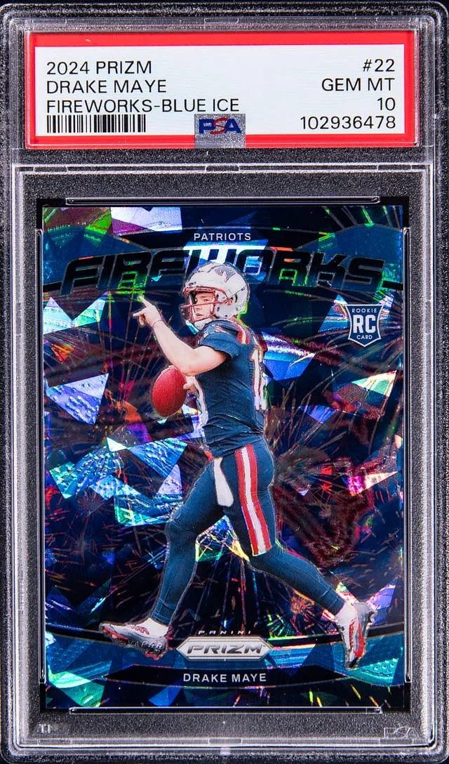 2024 Panini Prizm Drake Maye Fireworks Blue Ice #22 card image