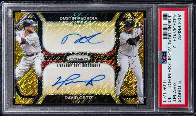 2024 Panini Prizm Dustin Pedroia/David Ortiz Legend Dual Autographs Gold Shimmer First Off The Line (FOTL) #LDA-BOS card image