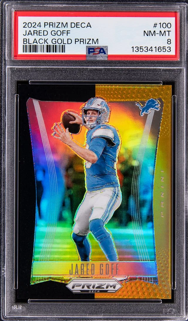 2024 Panini Prizm Jared Goff Deca Black Gold Prizm #100 card image