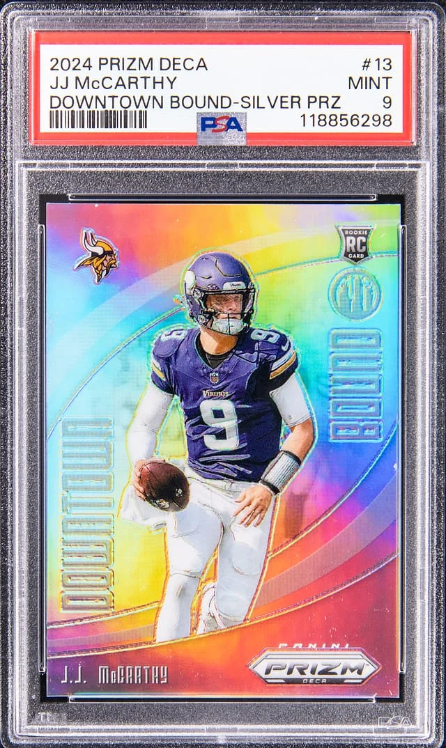 2024 Panini Prizm J.J. McCarthy Deca Downtown Bound Silver Prizm #13 card image