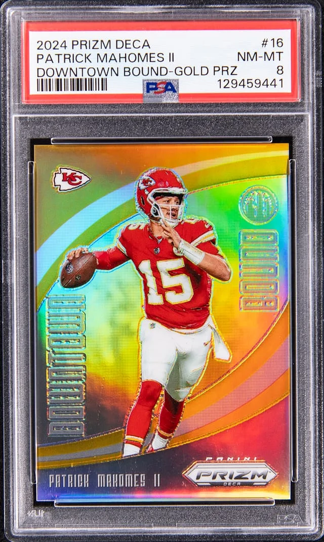 2024 Panini Prizm Patrick Mahomes II Deca Downtown Bound Gold Prizm #16 card image