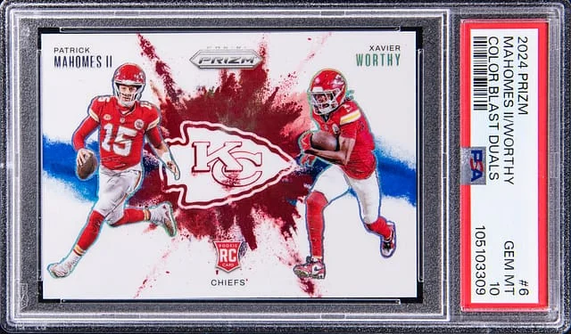 2024 Panini Prizm Patrick Mahomes II/Xavier Worthy Color Blast Duals #6 card image