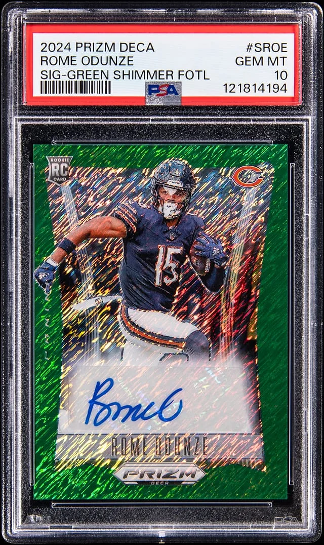 2024 Panini Prizm Rome Odunze Deca Signatures Green Shimmer First Off The Line (FOTL) #S-ROE card image