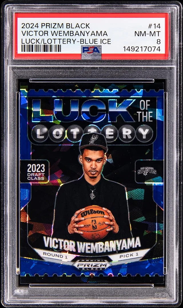 2024 Panini Prizm Victor Wembanyama Black Luck/Lottery-Blue Ice #14 card image