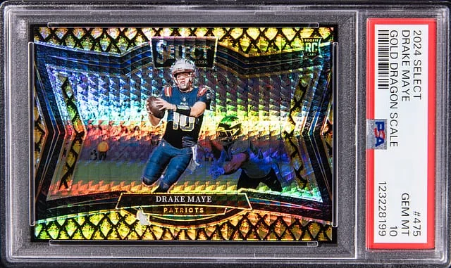 2024 Panini Select Drake Maye Field Level Green & Black Snakeskin Prizm #475 card image