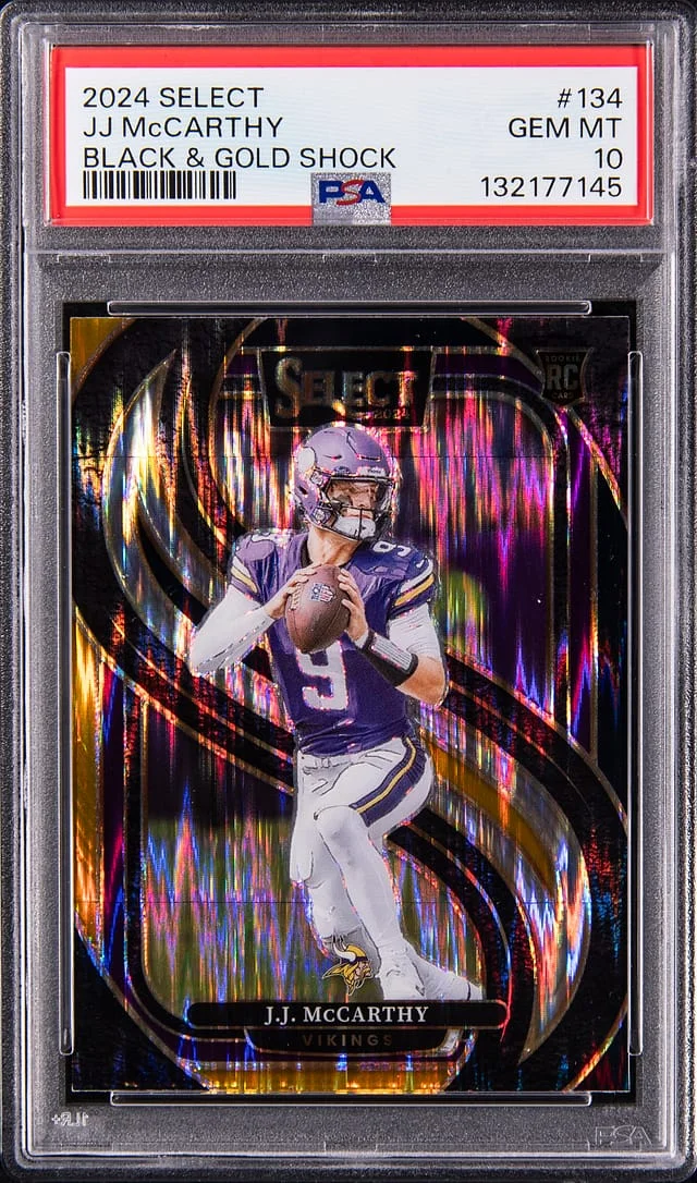 2024 Panini Select J.J. McCarthy Black & Gold Shock #134 card image