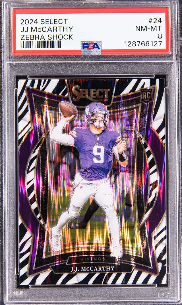 2024 Panini Select J.J. McCarthy Zebra Shock Prizm #24 card image