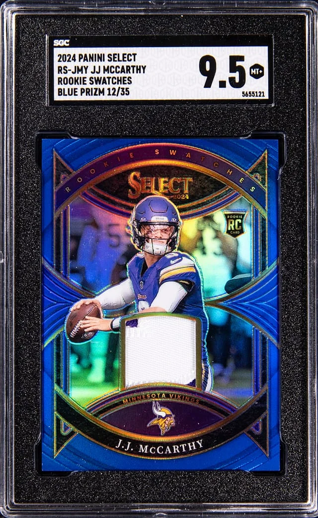 2024 Panini Select J.J. McCarthy Swatches Blue Prizm #RS-JMY card image