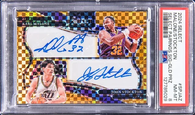 2024 Panini Select Karl Malone/John Stockton Select Pairings Signature Gold Prizm #SP-JAZ card image