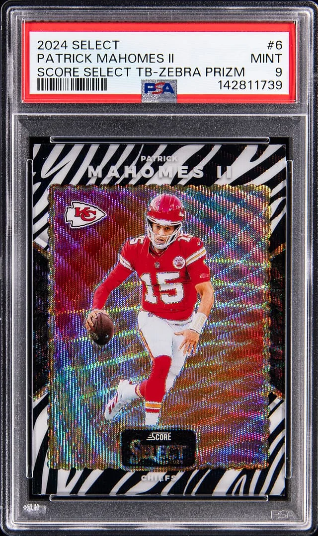 2024 Panini Select Patrick Mahomes II Score Select Throwback Zebra Prizm #6 card image