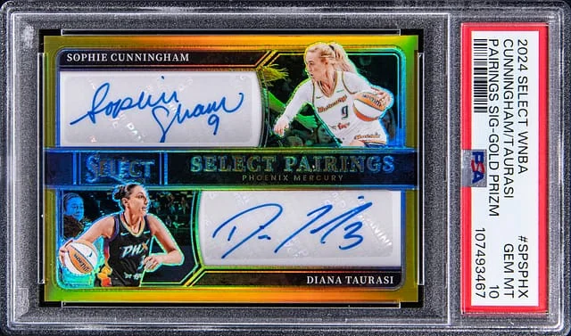 2024 Panini Select Sophie Cunningham/Diana Taurasi WNBA Pairings Signatures Gold Prizm #SPS-PHX card image