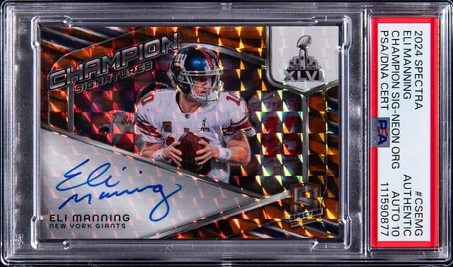 2024 Panini Spectra Eli Manning Champion Signatures Neon Orange #CS-EMG card image
