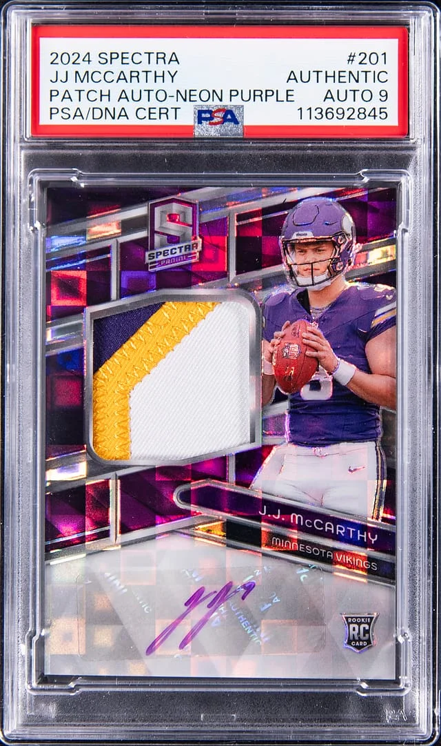 2024 Panini Spectra J.J. McCarthy Patch Autograph Neon Purple #201 card image