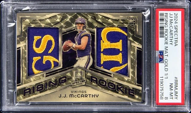 2024 Panini Spectra JJ McCarthy Rising Material Gold #RRM-JMY card image